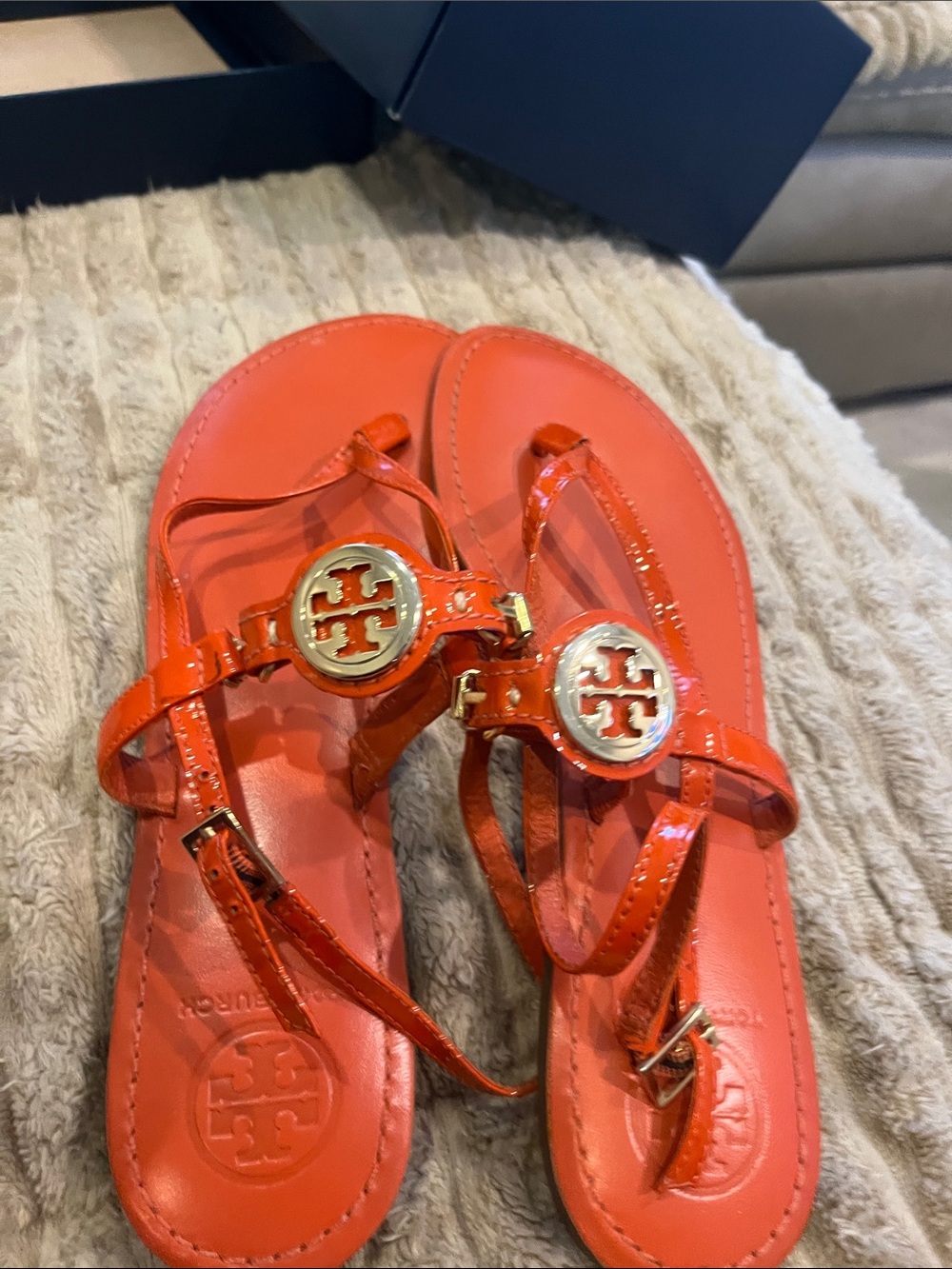 Tory Burch Orange Patent Leather Logo Thong Sandals